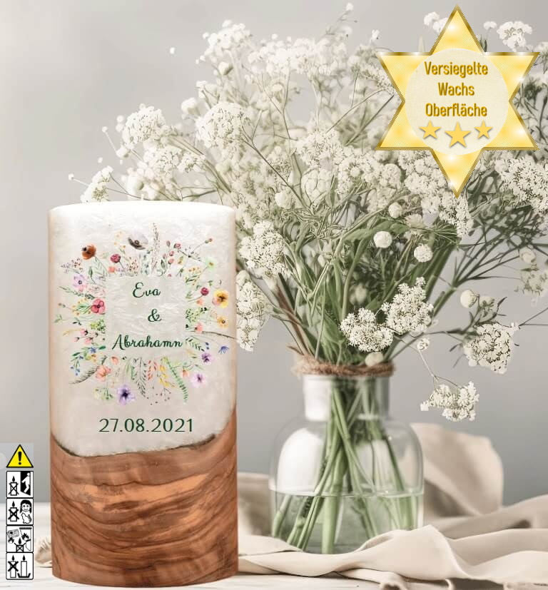 "Blumenrahmen" Hochzeitskerze mit Holzelement 20 cm hoch "Blumenrahmen" Hochzeitskerze mit Holzelement 20 cm hoch