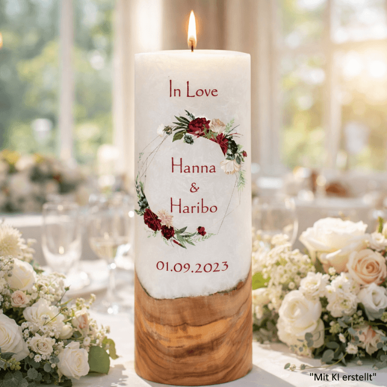 "Rosenkranz" Hochzeitskerze mit Holzelement 30 cm hoch