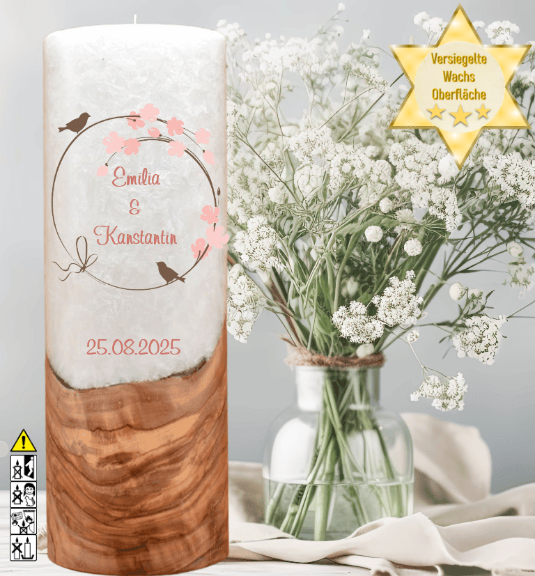 Hochzeitskerze mit Holzelement. Motiv: Vogelpaar Hochzeitskerze mit Holzelement. Motiv: Vogelpaar günstig in unserem Onlineshop kaufen. Personalisierte Hochzeitskerze online kaufen