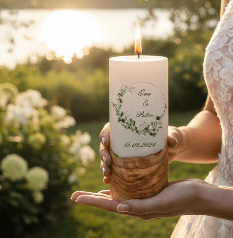 "Eukalyptus Kranz wild" 25 cm Hochzeitskerze mit Holzelement