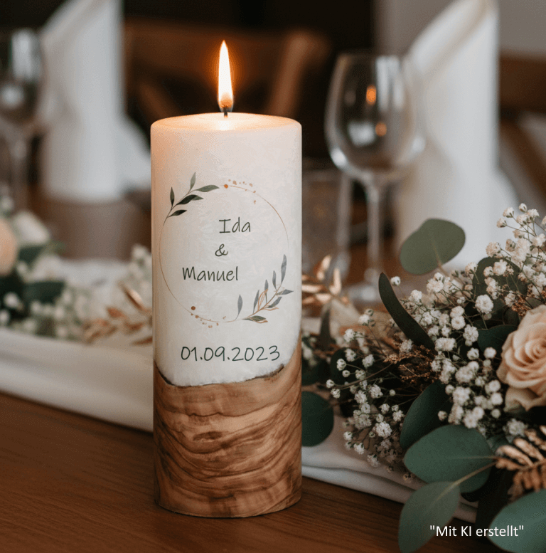 "Olivenkranz" 25 cm Hochzeitskerze mit Holzelement