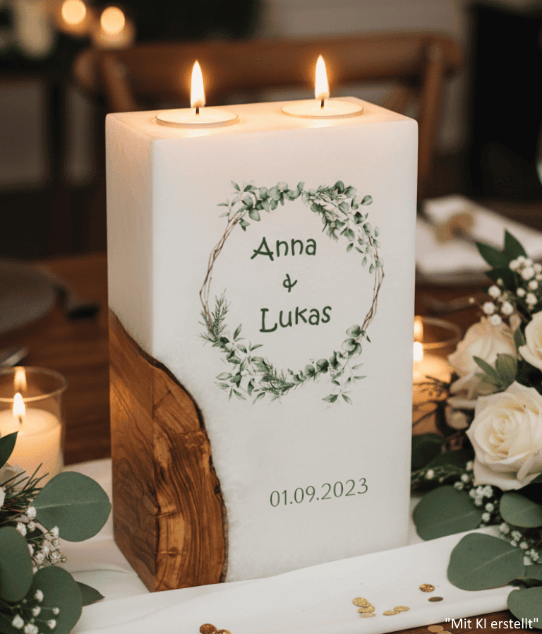 "Eukalyptus und Zweigen" Hochzeitskerze mit Holz und 2 Teelichter 14 x 21 cm