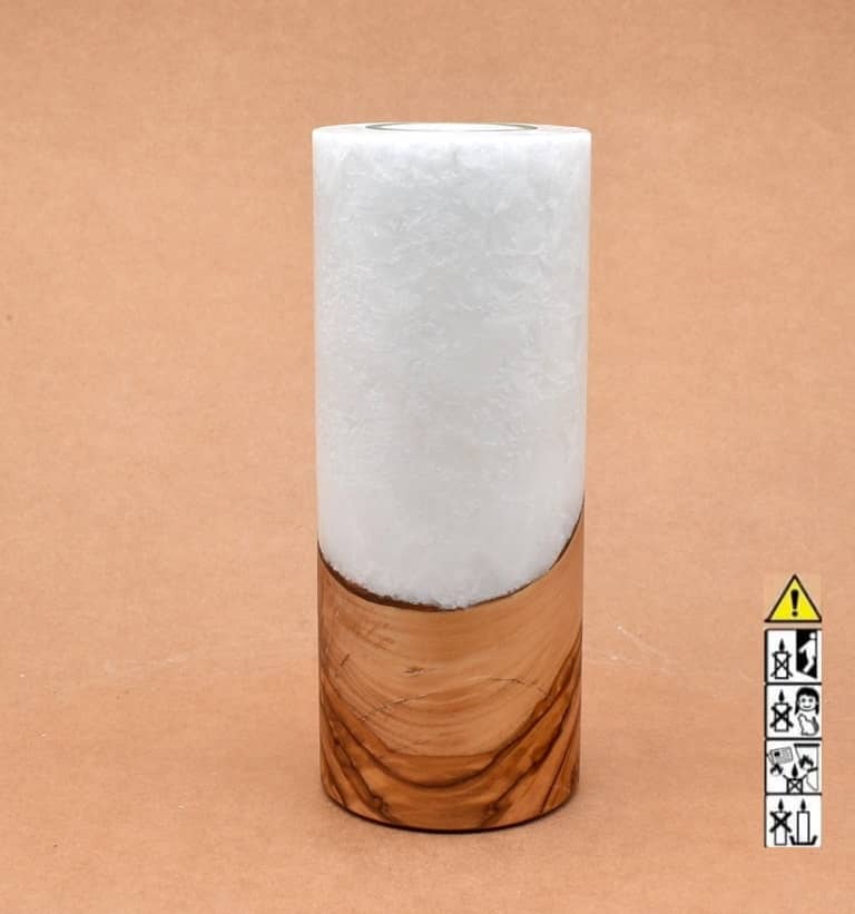 Kerze 80x200mm mit Holzelement, Individuelle, persönliche Hochzeitskerze  Holzkerze, Rund Stearinoptik, Hochzeitskerze mit Teelicht im Kerzen online Shop für Hochzeiten bestellen, günstig kaufen.
