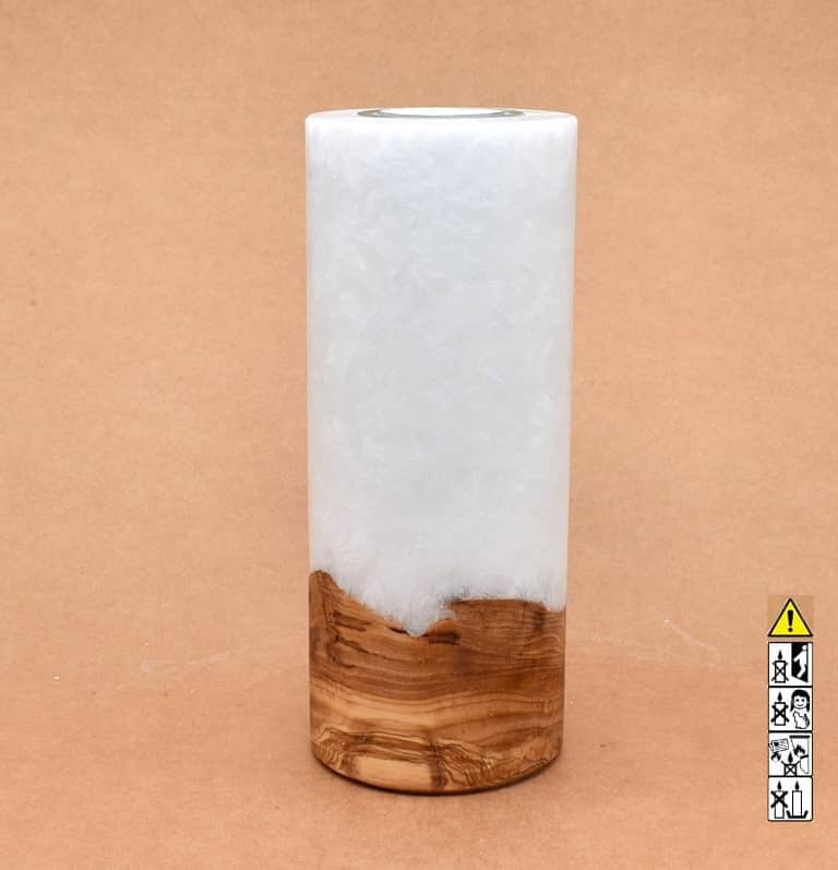 Kerze 80x200mm mit Holzelement, Individuelle, persönliche Hochzeitskerze  Holzkerze, Rund Stearinoptik, Hochzeitskerze mit Teelicht im Kerzen online Shop für Hochzeiten bestellen, günstig kaufen.