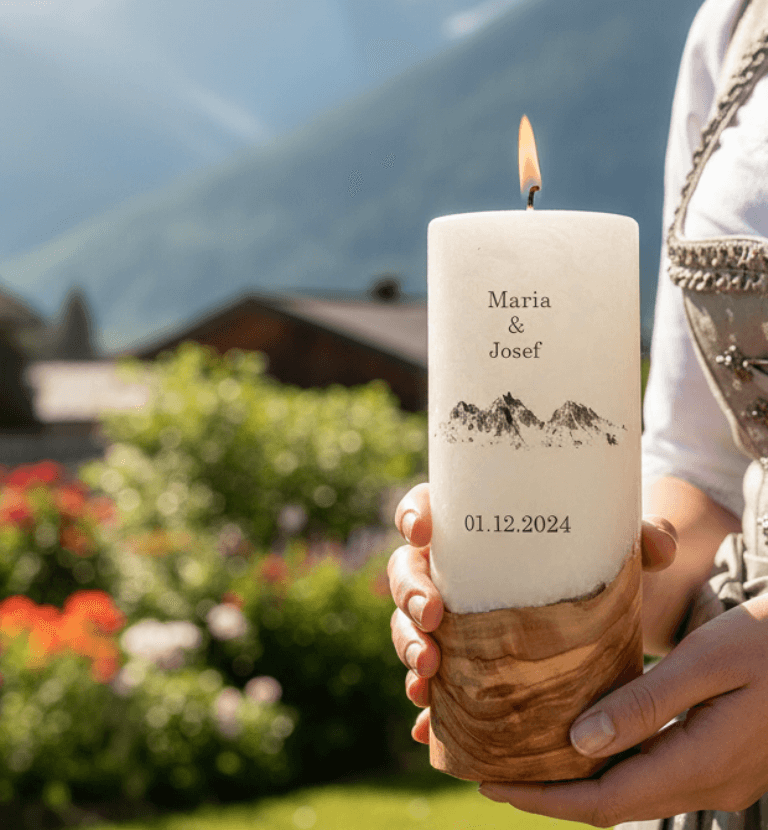 "Berge" 25 cm Hochzeitskerze mit Holzelement