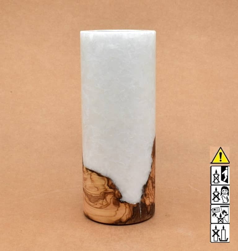 Kerze 80x200mm mit Holzelement, Individuelle, persönliche Hochzeitskerze  Holzkerze, Rund Stearinoptik, Hochzeitskerze mit Teelicht im Kerzen online Shop für Hochzeiten bestellen, günstig kaufen.