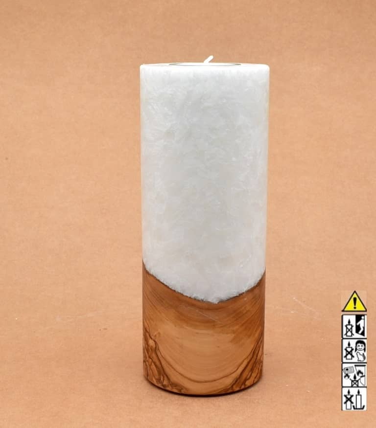 Kerze 80x200mm mit Holzelement, Individuelle, persönliche Hochzeitskerze  Holzkerze, Rund Stearinoptik, Hochzeitskerze mit Teelicht im Kerzen online Shop für Hochzeiten bestellen, günstig kaufen.