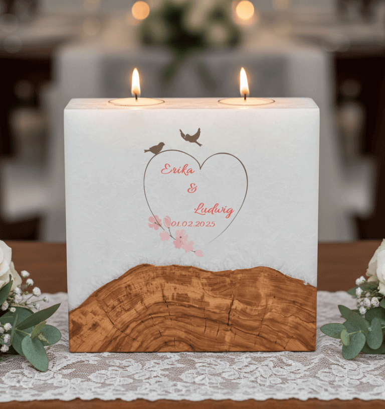 Hochzeitskerze Vogelpaar im Herz mit Sockel und 2 Teelichter 20 x 20 cm