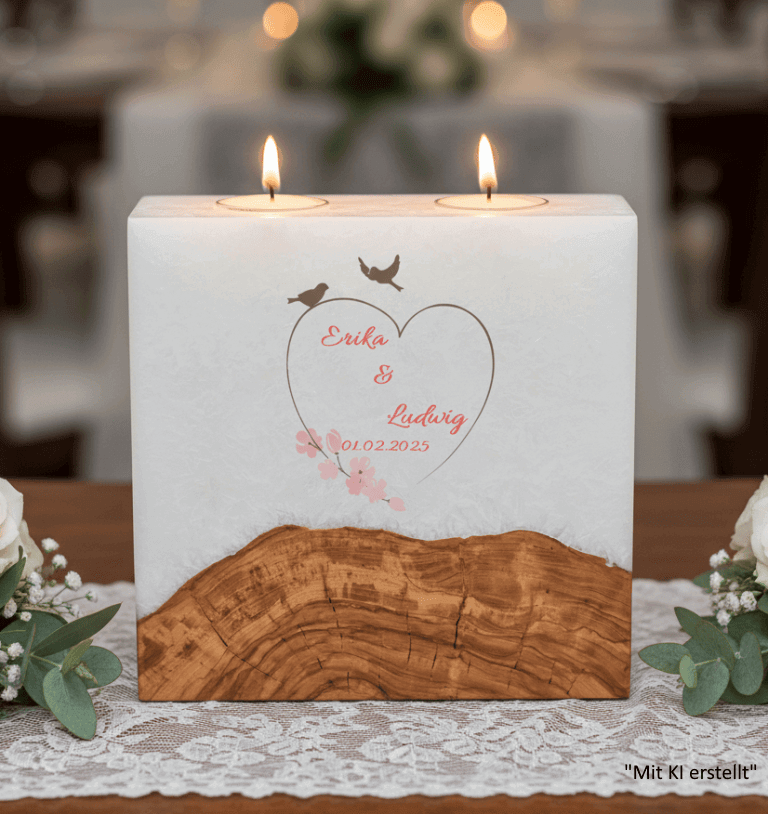 Hochzeitskerze Vogelpaar im Herz mit Sockel und 2 Teelichter 20 x 20 cm