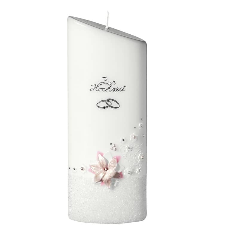 Hochwertige individuelle Hochzeitskerze für die Trauung Blumenkranz mit Perlen Elipse abgeschrägt 230 x 90/55 mm