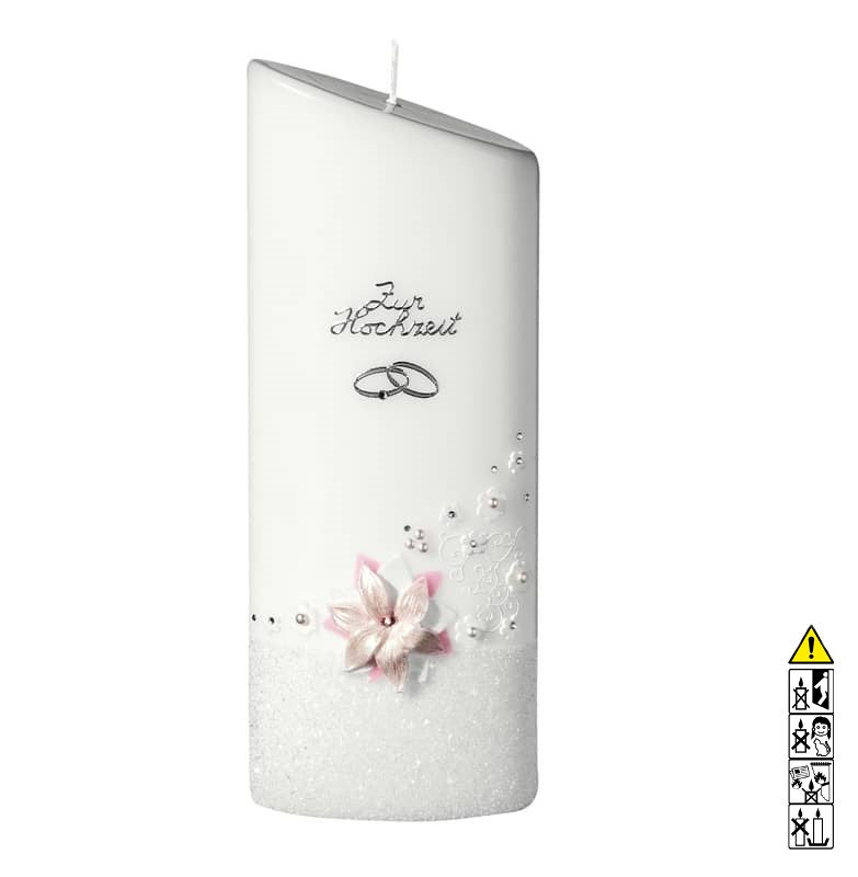 Hochzeitskerze Blumenkranz mit Perlen Elipse abgeschrägt 230 x 90/55 mm Hochwertige individuelle Hochzeitskerze für die Trauung Blumenkranz mit Perlen Elipse abgeschrägt 230 x 90/55 mm