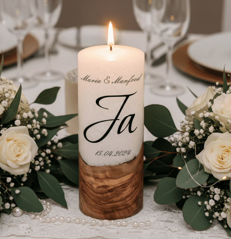 "Ja" 25 cm Hochzeitskerze mit Holzelement