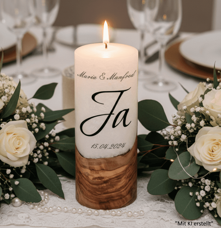 "Ja" 25 cm Hochzeitskerze mit Holzelement