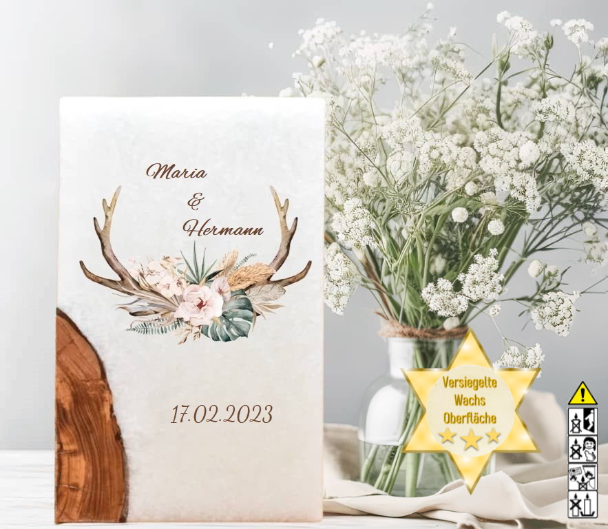 "Geweih" Hochzeitskerze mit Holz und 2 Teelichter 14 x 21 cm "Geweih" Hochzeitskerze mit Holz und 2 Teelichter 14 x 21 cm