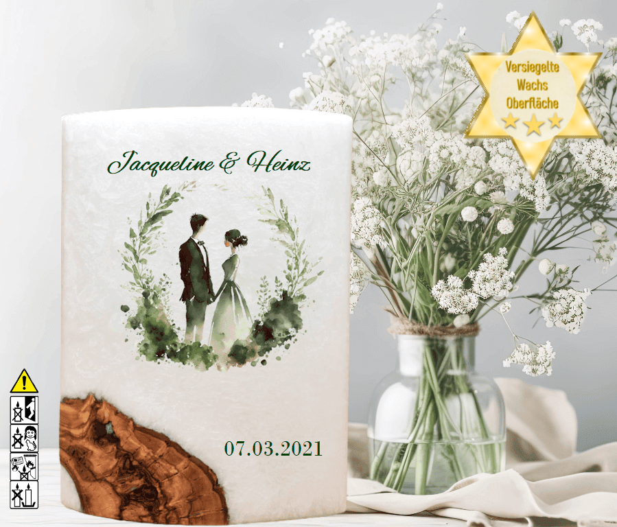 "Brautpaar im Kranz" Hochzeitskerze mit Holzelement 14 x 21 cm oval mit Teelicht oder Docht "Brautpaar im Kranz" Hochzeitskerze mit Holzelement 14 x 21 cm oval mit Teelicht oder Docht