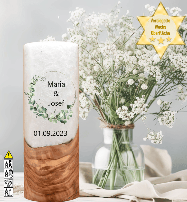 Kerze mit Holzelement für Hochzeitskerze ausgesucht. Kerze mit Holzelement für Hochzeitskerze ausgesucht. günstig in unserem Onlineshop kaufen. Personalisierte Geschenke online kaufen