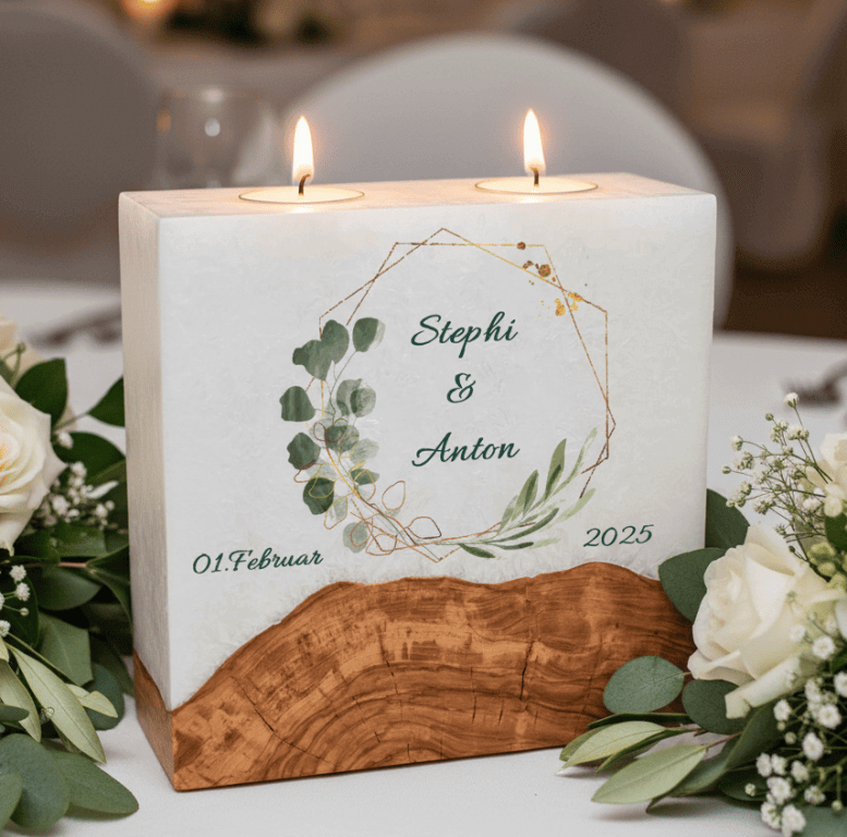 Hochzeitskerze Eukalyptus und Oliven mit Sockel und 2 Teelichter 20 x 20 cm