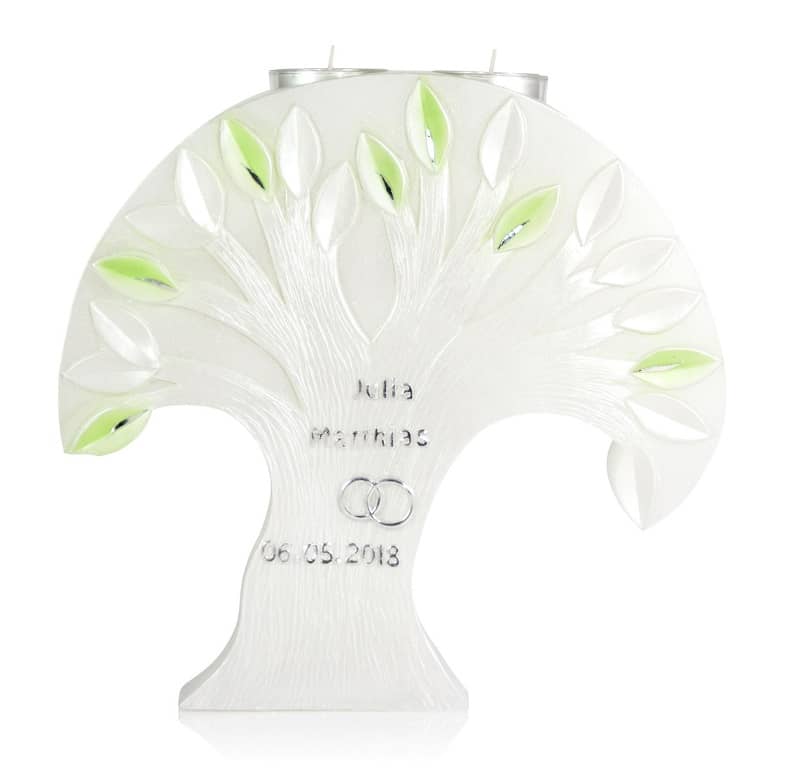 Individuelle Hochzeitskerze kaufen für die Trauung Perlmutt "Lebensbaum" mit Teelichteinsatz 240 x 250 mm in weiss