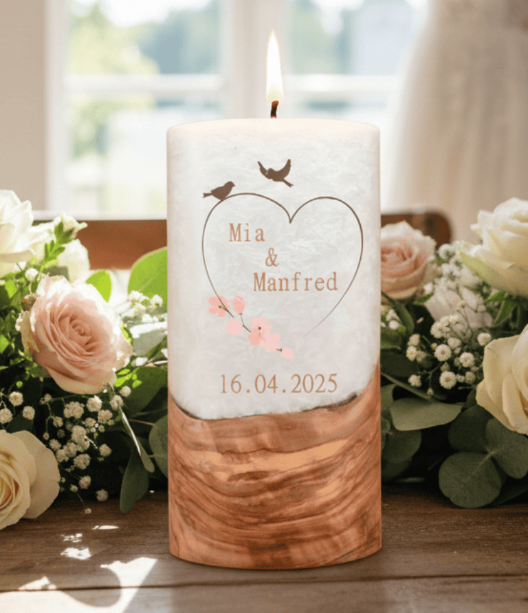 "Vogelpaar Herz" Hochzeitskerze mit Holzelement 20 cm hoch