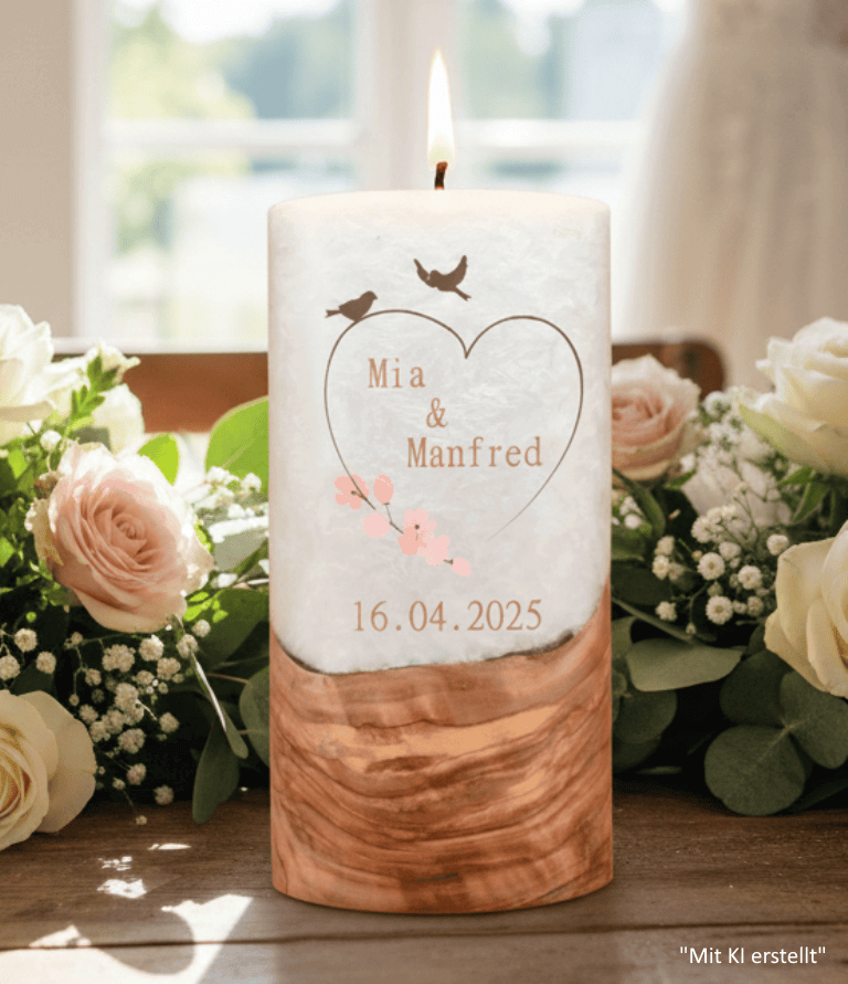"Vogelpaar Herz" Hochzeitskerze mit Holzelement 20 cm hoch