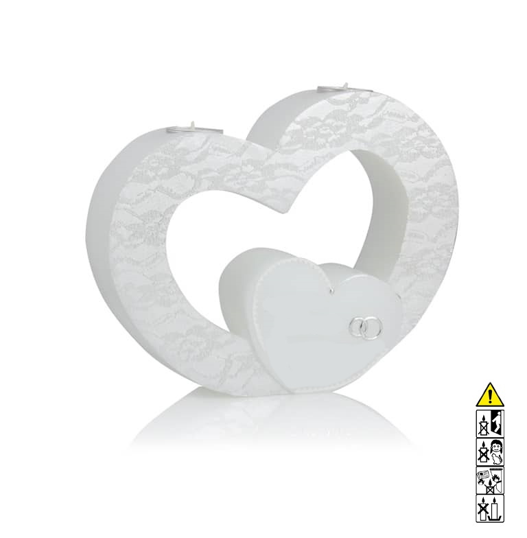 Individuelle Hochzeitskerze kaufen für die Trauung "Doppelherz", in silber mit Spitzenmusteroptik + Teelichteinsatz
