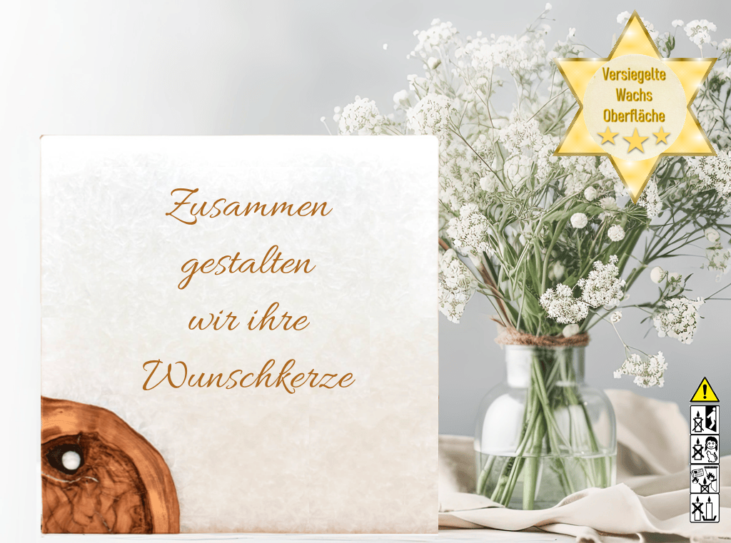 Hochzeitskerze 20 x 20 cm mit 2 Teelichter und 1 Holzelement