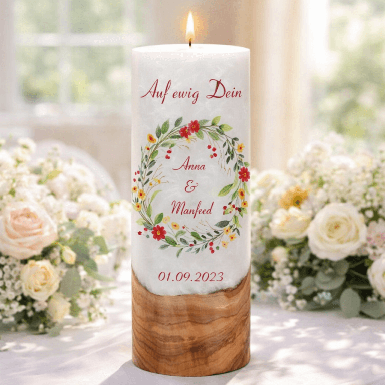"Blumenkranz" Hochzeitskerze mit Holzelement 30 cm hoch