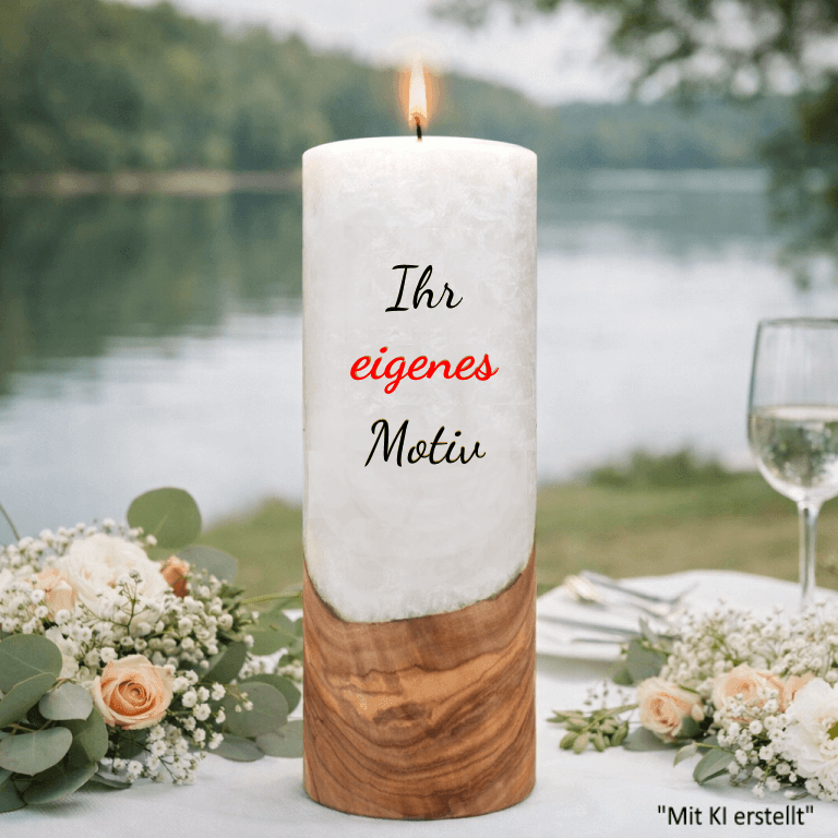 Hochzeitskerze 8 x 25 cm mit Holzelement "selbst gestalten"
