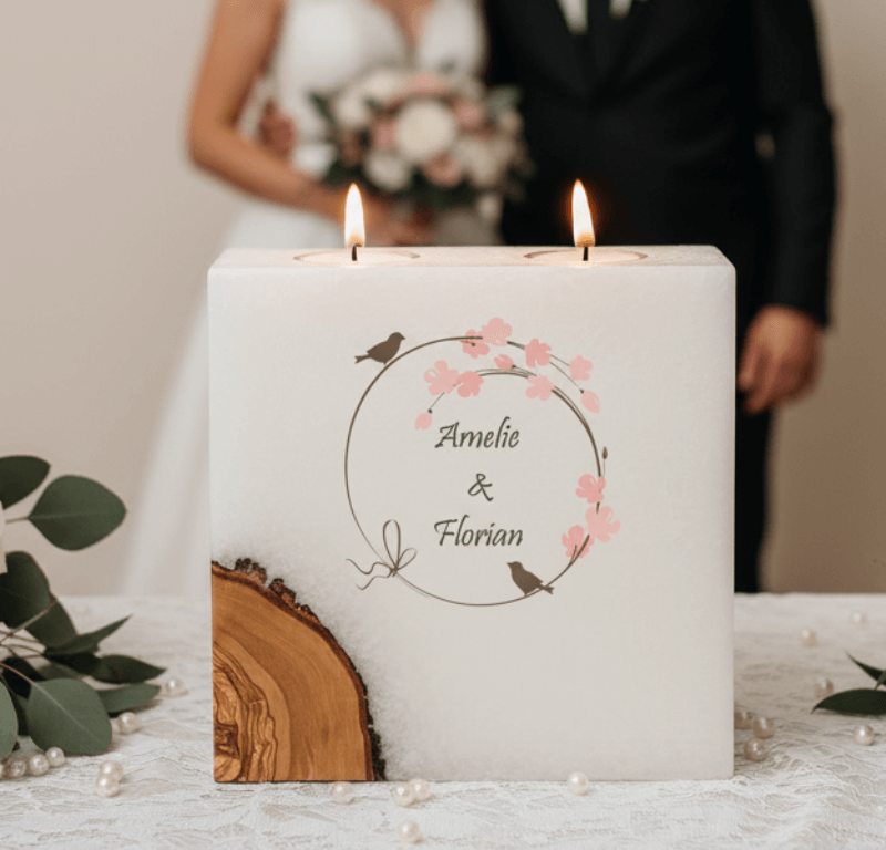 Hochzeitskerze Vogelpaar Nr.:3 mit 1 Holzelement und 2 Teelichter 20 x 20 cm