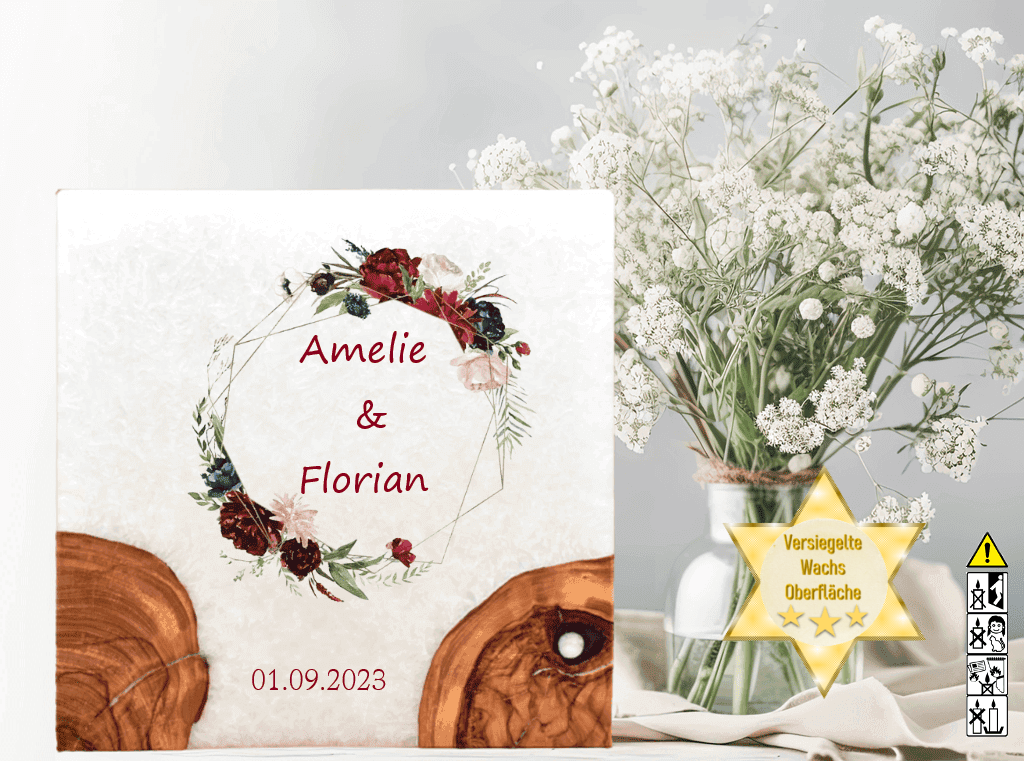 Hochzeitskerze mit Holzelement. Motiv: Rosenkranz günstig in unserem Onlineshop kaufen. Personalisierte Hochzeitskerze online kaufen