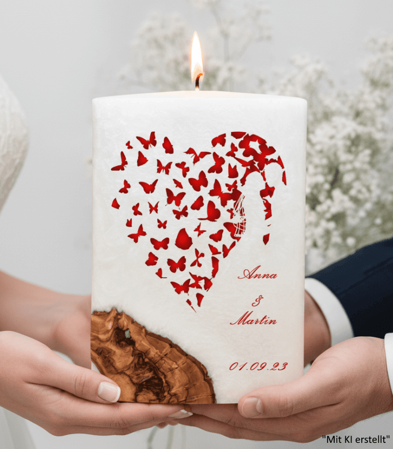 "Brautpaar im Herz" Hochzeitskerze mit Holzelement. 14 x 21 cm oval mit Teelicht oder Docht