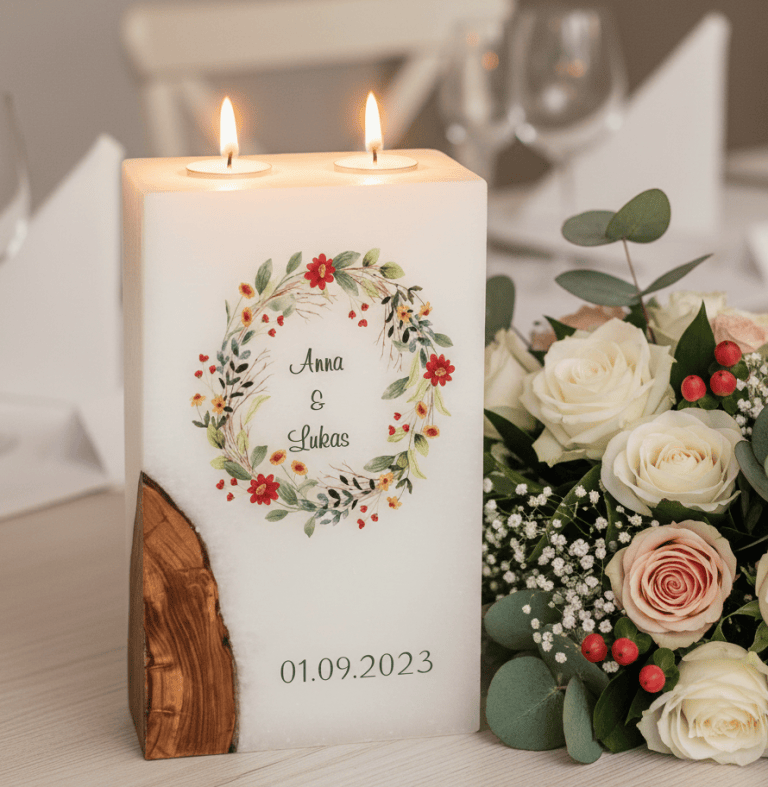"Blumenkranz" Hochzeitskerze mit Holz und 2 Teelichter 14 x 21 cm
