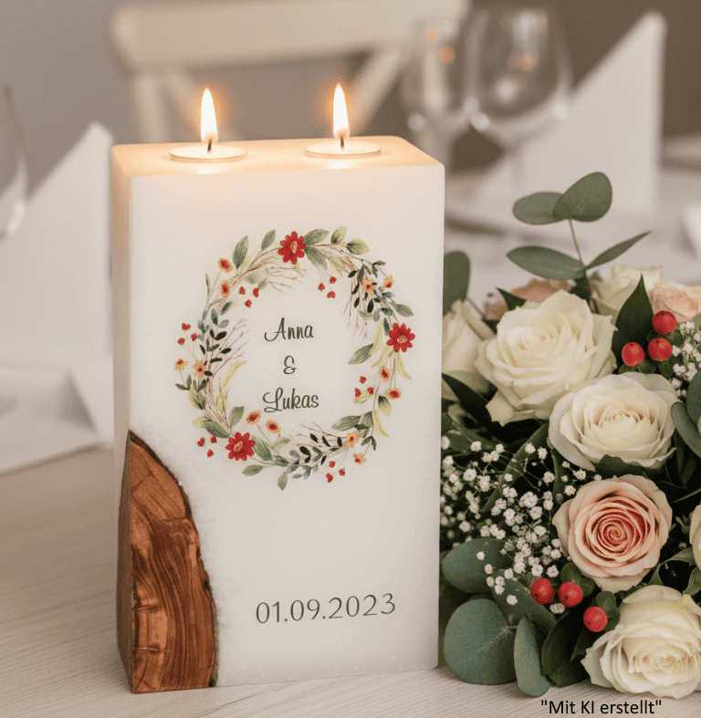 "Blumenkranz" Hochzeitskerze mit Holz und 2 Teelichter 14 x 21 cm