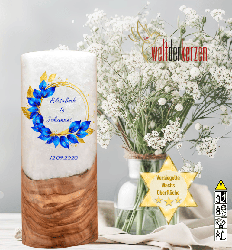 "Eukalytus Blau" Hochzeitskerze mit Holzelement 25 cm hoch "Eukalytus Blau" Hochzeitskerze mit Holzelement 25 cm hoch