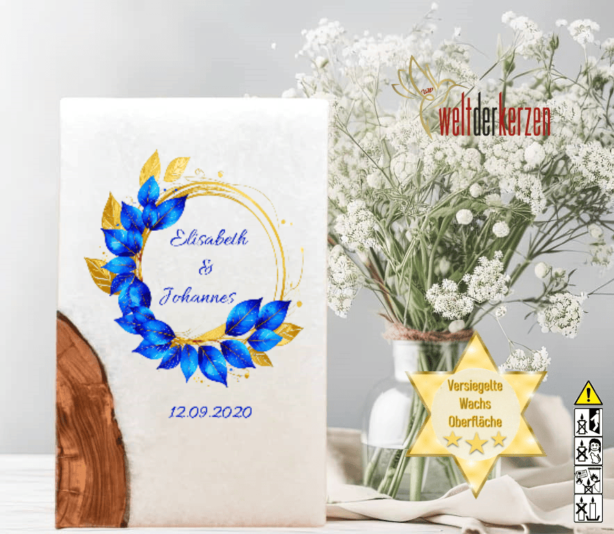 "Eukalyptus Blau" Hochzeitskerze mit Holz und 2 Teelichter 14 x 21 cm "Eukalyptus Blau" Hochzeitskerze mit Holz und 2 Teelichter 14 x 21 cm