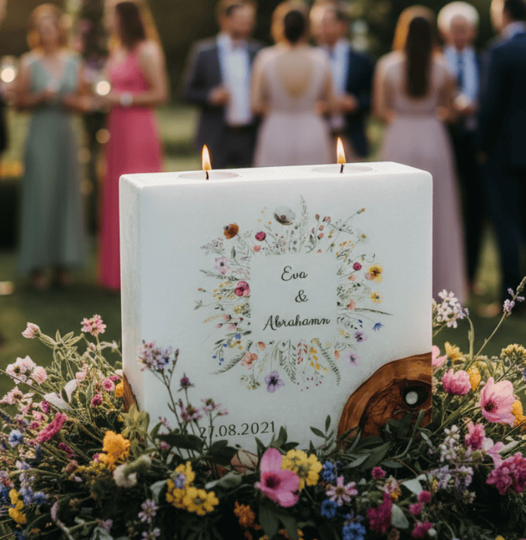 "Blumen Rahmen" Hochzeitskerze mit 1 Holzelement und 2 Teelichter 20 x 20 cm