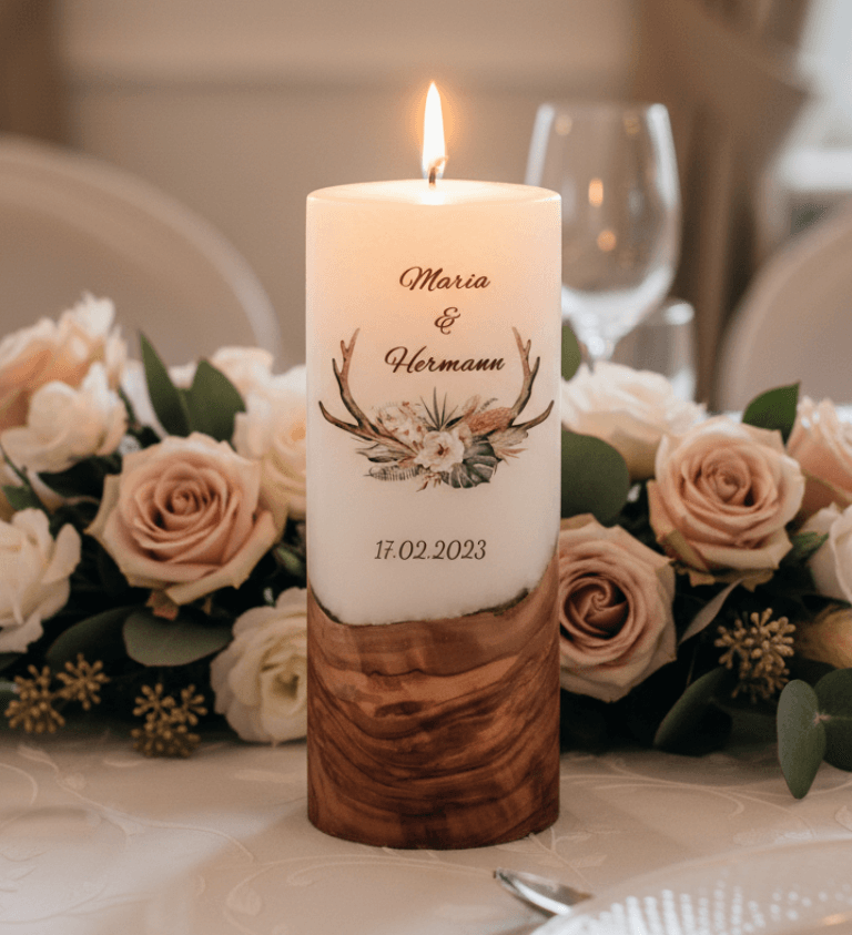 "Geweih" 25 cm Hochzeitskerze mit Holzelement