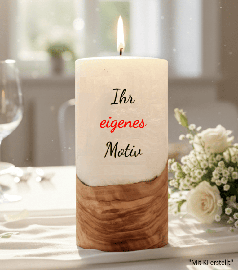 Hochzeitskerze 8 x 20 cm mit Holzelement "selbst gestalten"