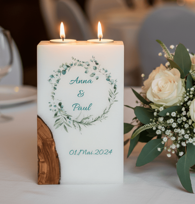 "Eukalyptus 3" Hochzeitskerze mit Holz und 2 Teelichter 14 x 21 cm