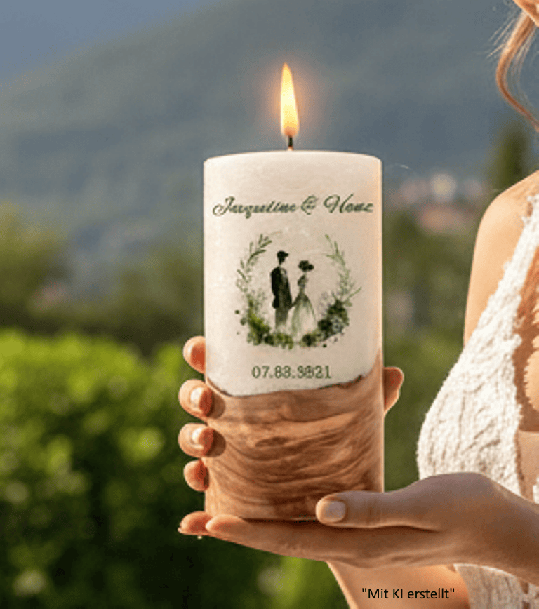 "Brautpaar im Kranz" Hochzeitskerze mit Holzelement 20 cm hoch