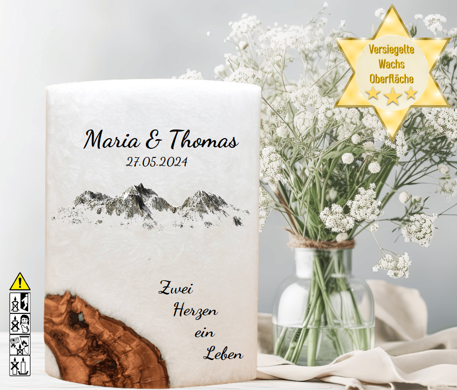 "Berge" Hochzeitskerze mit Holzelement 14 x 21 cm oval mit Teelicht oder Docht "Berge" Hochzeitskerze mit Holzelement 14 x 21 cm oval mit Teelicht oder Docht