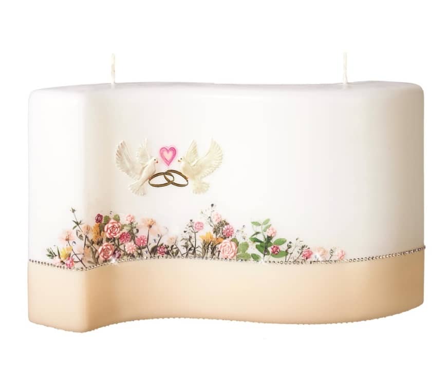 Hochwertige individuelle Hochzeitskerze für die Trauung Blumenkranz Welle hell 150 x 260/65 mm