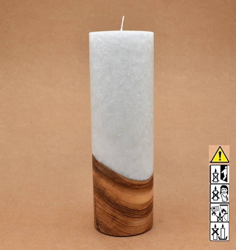 Kerze 80x250mm mit Holzelement, Individuelle, persönliche Hochzeitskerze  Holzkerze, Rund Stearinoptik, Hochzeitskerze mit Teelicht im Kerzen online Shop für Hochzeiten bestellen, günstig kaufen.