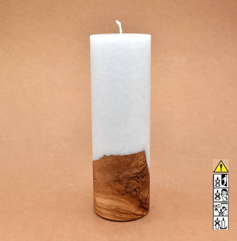 Kerze 80x250mm mit Holzelement, Individuelle, persönliche Hochzeitskerze  Holzkerze, Rund Stearinoptik, Hochzeitskerze mit Teelicht im Kerzen online Shop für Hochzeiten bestellen, günstig kaufen.