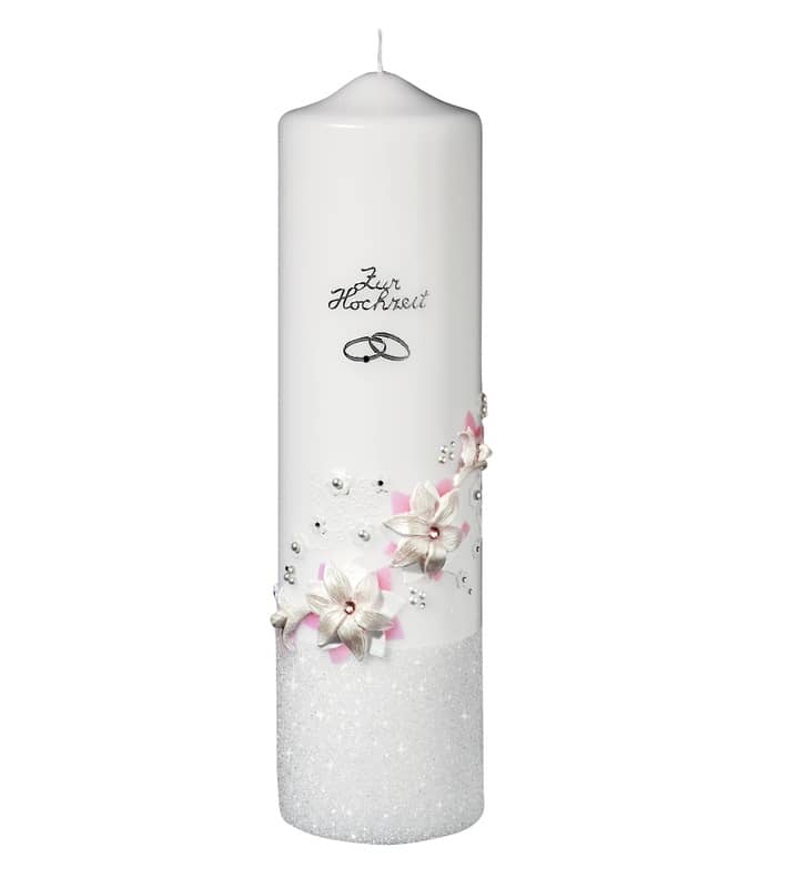 Hochwertige individuelle Hochzeitskerze für die Trauung Blumenkranz mit Perlen Rundkerze 300 x 80 mm