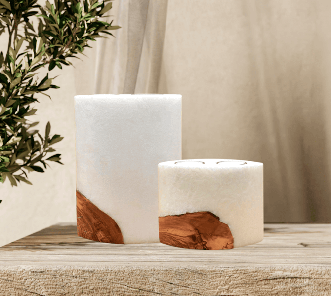 Kerze mit Holzelement, Individuelle, persönliche Hochzeitskerze  Holzkerze, Rund Stearinoptik, Hochzeitskerze mit Teelicht im Kerzen online Shop für Hochzeiten bestellen, günstig kaufen.