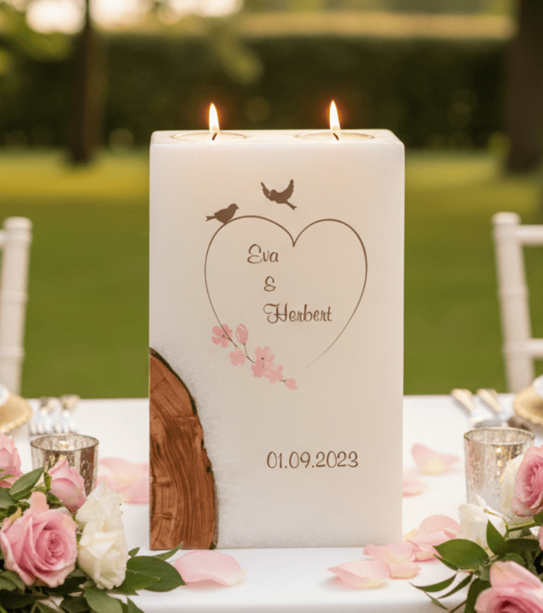 "Vogelpaar im Herz" Hochzeitskerze mit Holz und 2 Teelichter 14 x 21 cm