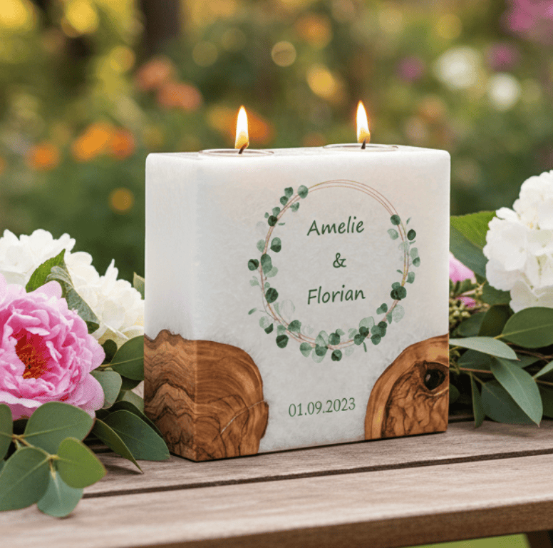Hochzeitskerze Eukalyptus Kranz mit 2 Holzelementen und 2 Teelichter 20 x 20 cm