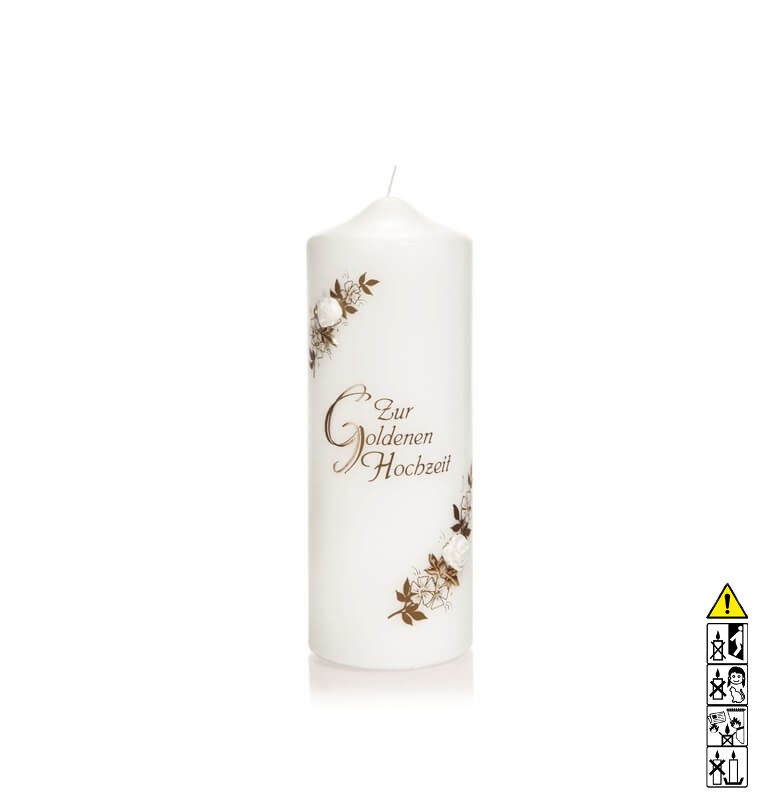 Kerze "Zur Goldenen Hochzeit" in gold 220 x 80 mm in weiss Individuelle Hochzeitskerze kaufen "Zur Goldenen Hochzeit" in gold 220 x 80 mm in weiss