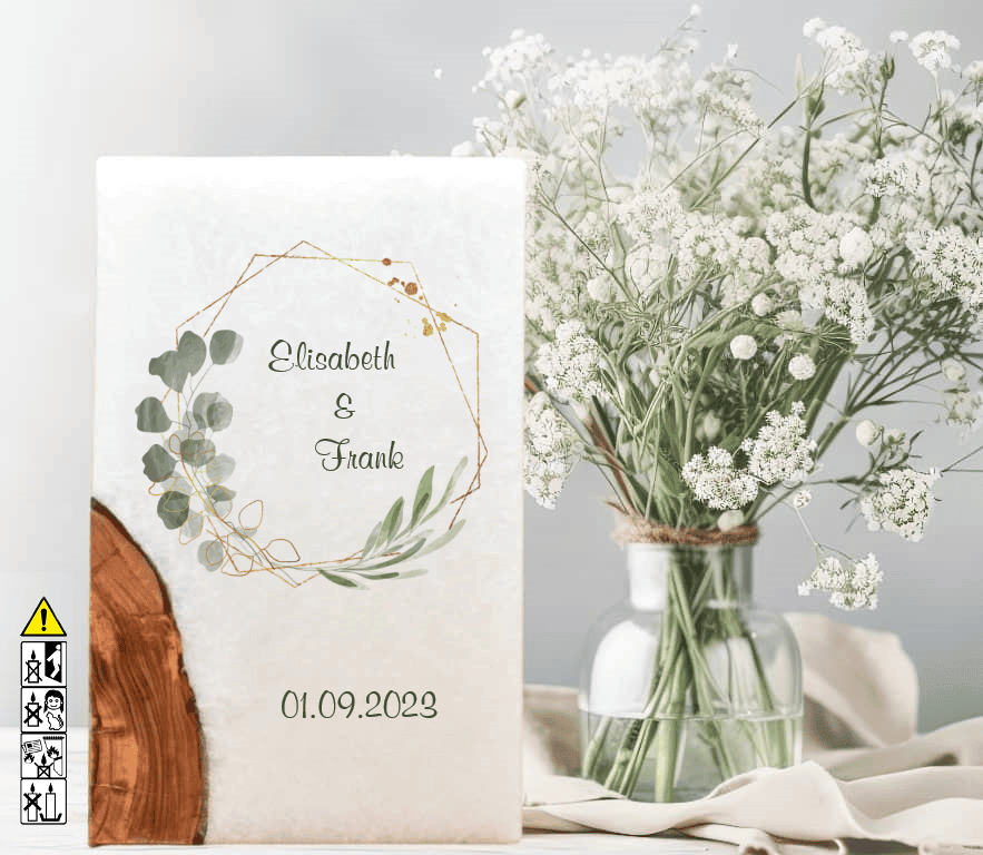 Hochzeitskerze mit Holzelement. Motiv: Olivenkranz günstig in unserem Onlineshop kaufen. Personalisierte Hochzeitskerze online kaufen